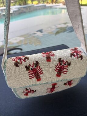 White Beaded Crossbody Bag with Red Lobster Motif